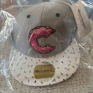 Gray and White Cap with Pink Donut Design